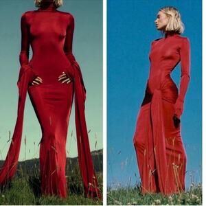 Helsa Slinky Jersey Sarong Long Sleeve Draped Maxi Dress in Samba Red Size Small